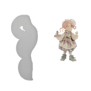 3D-Modell einer skurrilen Puppe mit unordentlichen rosa Haaren, Brille und einem kleinen Stempel in der Hand, vor weißem Hint