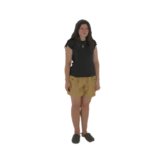 3D-Modell einer Frau, die in einem lässigen schwarzen Oberteil und einer gelben Hose steht, von vorne betrachtet.