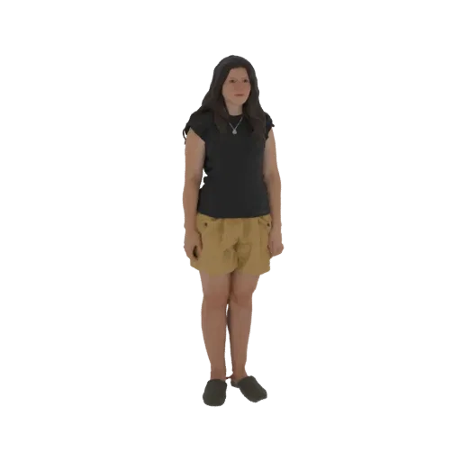 3D model of a woman standing in a casual black top and yellow shorts, viewed from the front.