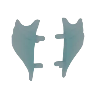 A 3D render of two translucent blue, stylized winged armor pieces, presented against a white background.