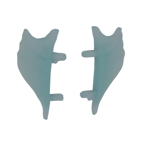 A 3D render of two translucent blue, stylized winged armor pieces, presented against a white background.