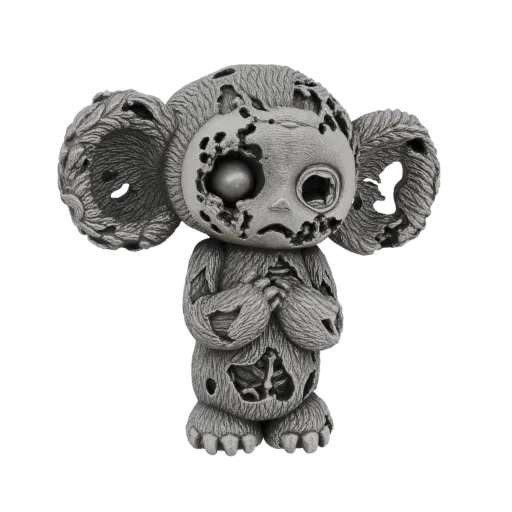 3D-Modell eines verfallenden Zombie-Bären mit freiliegenden Knochen und metallischem Finish, stehend mit zusammengelegten Pfo