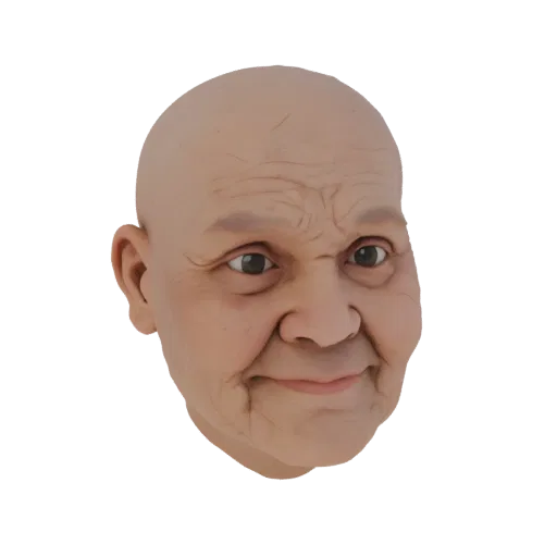 3D model of elderly woman's head with wrinkles and kind eyes, no hair