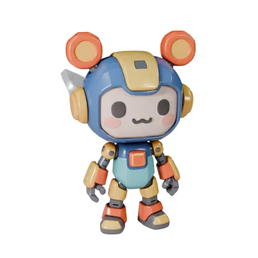 Cute Robot Mascot low poly 3D model preview showing pose, three-quarter game view, expression and smooth toy surfaces