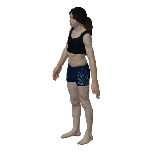 3D model of an athletic person wearing a black tank top and blue patterned shorts, standing with arms slightly away from the