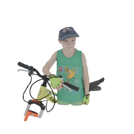 3D model of a young boy wearing an Among Us shirt and baseball cap, with neon gloves, standing next to a yellow bicycle.