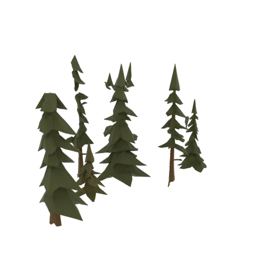 Eine Sammlung von stilisierten Low-Poly-Kiefern mit grünem Laub und braunen Stämmen vor einem weißen Hintergrund.