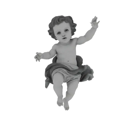 3D model of a cherubic figure with curly hair and flowing drapery, arms outstretched in a dynamic pose.