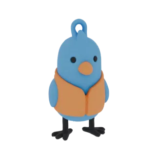 A 3D render of a cute blue bird character wearing an orange vest, standing on two black legs with a loop on its head.