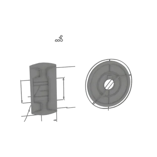 3D model of a detailed industrial gearbox next to a spool, rendered in a neutral gray.