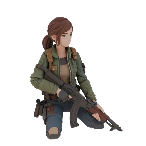 3D model of Ellie from The Last of Us, sitting in hiking gear with a rifle