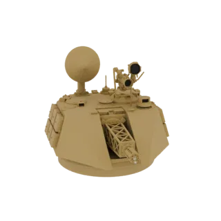 3D model of a modern military turret with a radar dish, autocannon, and missile pods, rendered in a desert tan color.