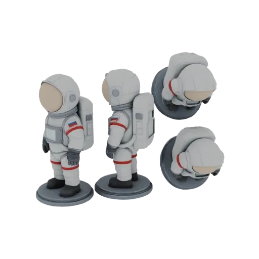 A 3D render of a cute, chibi-style astronaut figurine wearing a white spacesuit with red trim and a Russian flag emblem, shown from multiple angles.