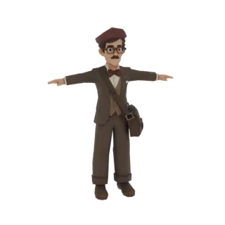 3D-Modell eines Vintage-Gentlemans in braunem Anzug, roter Baskenmütze und mit brauner Aktentasche, in T-Pose.