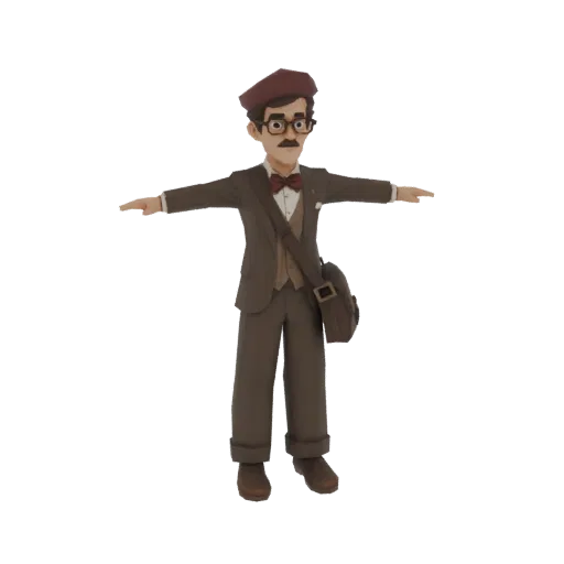 3D model of a vintage gentleman wearing a brown suit, maroon beret, and carrying a brown satchel, posed in a T-pose.