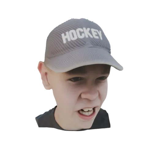 3D model render of a young boy with an angry expression, wearing a grey baseball cap with 'HOCKEY' written on it.