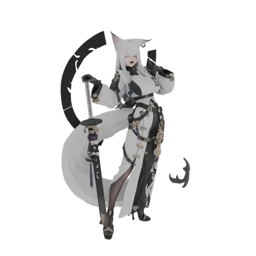 3D model of a white fox spirit warrior with long white fur, pointed ears, wearing a white and black outfit with gold accents, holding a katana.