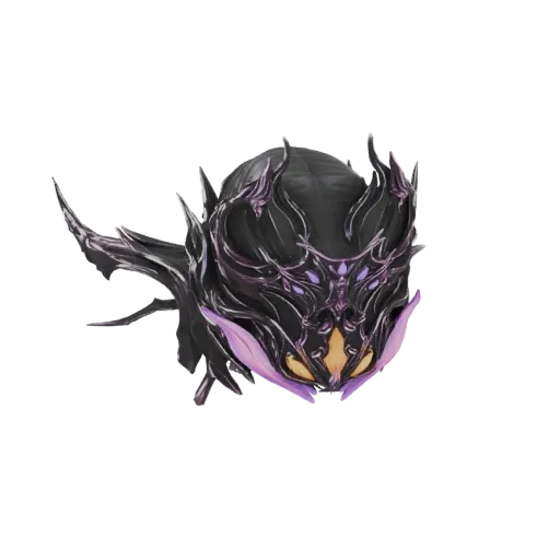 3D model of a dark, menacing helmet with sharp, black, organic-looking protrusions and glowing purple accents around the face
