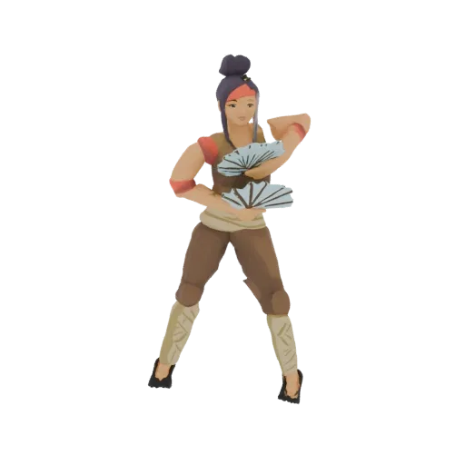 A 3D model of a stylized female dancer in a dynamic pose, holding two open blue fans, with dark hair and traditional-inspired