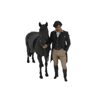 Modello 3D di un gentiluomo vittoriano in frac scuro e calzoni, in piedi accanto a un cavallo nero.