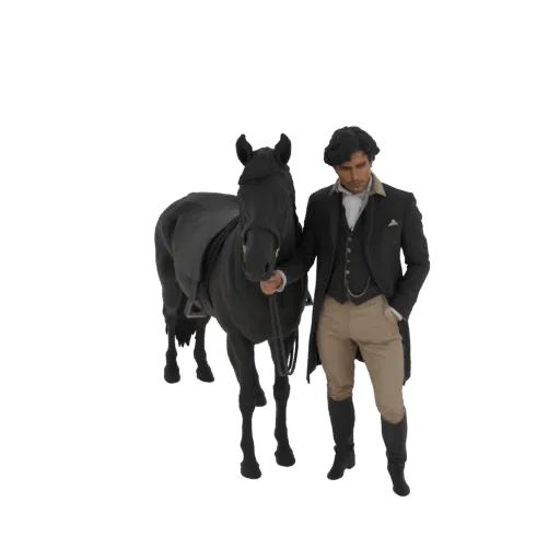 Modello 3D di un gentiluomo vittoriano in frac scuro e calzoni, in piedi accanto a un cavallo nero.