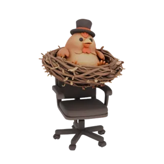 3D model of a cute chicken in a top hat, sitting in a nest on an office chair