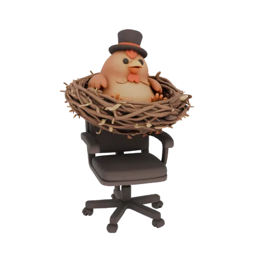 3D model of a cute chicken in a top hat, sitting in a nest on an office chair