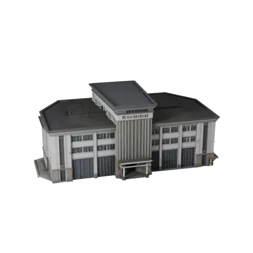 Modèle 3D de caserne de pompiers prêt pour Unreal Engine, vue de l'Unreal Engine, montrant les matériaux du bâtiment public e