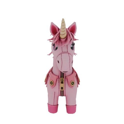 A 3D render of a pink leather unicorn charm with a pink jacket and golden horn, presented on a white background.