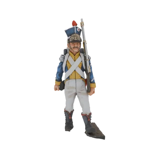 3D model of a French Line Infantryman from 1812, standing with a musket, wearing a blue uniform and shako.