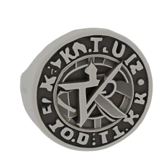 Modèle 3D d'une bague avec bordure circulaire et emblème de l'organisation K.O.N.T.U.R. au centre.