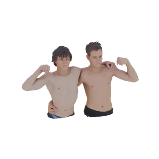 3D-Modell von zwei jungen Männern mit Armen um die Schultern, die ihre Bizeps anspannen, vor weißem Hintergrund.