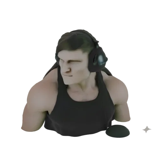 3D model of a muscular gamer with a determined expression, wearing large black headphones and a black tank top, looking to th