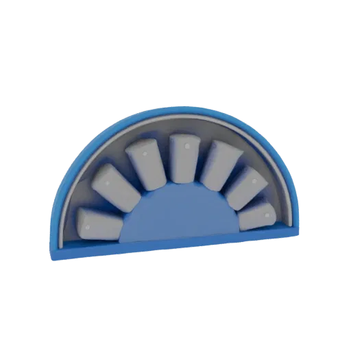 Modelo 3D de hemisfério com nove semicilindros cinzas dispostos radialmente dentro de um hemisfério azul.