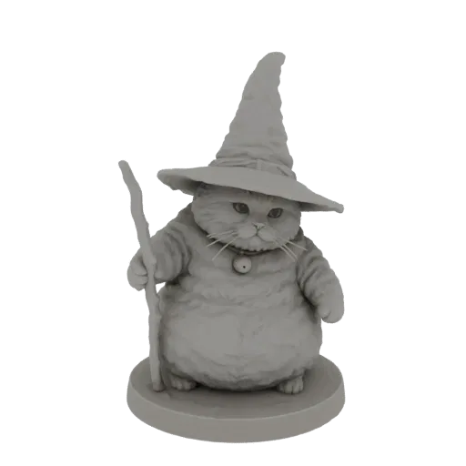 3D render of a grey, plump cat wearing a pointed wizard hat and holding a staff, standing on a circular base.