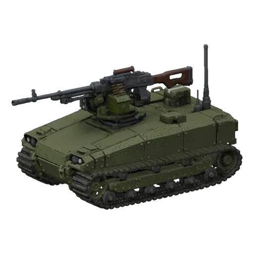 3D model of an olive green tracked combat robot with a mounted machine gun, shown against a black background.