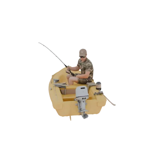 3D model of a fisherman in a yellow inflatable boat with an outboard motor, casting a fishing rod.