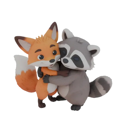 3D model of cartoon fox and raccoon hugging each other, in a claymation style