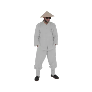 3D-Modell eines männlichen Kampfkünstlers in weißer Uniform, Sonnenbrille und Spitzhut, stehend mit Händen in den Taschen.