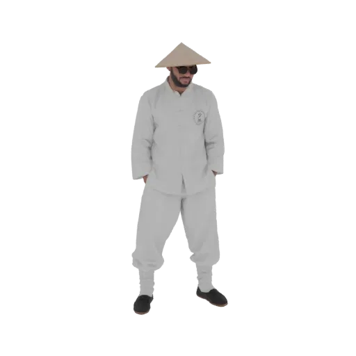3D model of a male martial artist wearing a white uniform, sunglasses, and a conical hat, standing with hands in pockets.