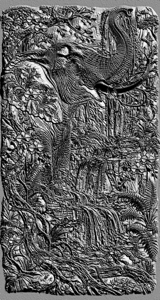 Modello 3D di bassorilievo con immagine di elefante, giungla e cascata, realizzato in stile intaglio su pietra.