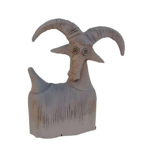 3D model of a whimsical goat sculpture with large eyes, curved horns, and a textured, shaggy body, rendered with a ceramic-li