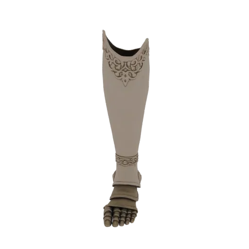 3D model of a fantasy leg armor piece, extending from the knee to a detailed foot, featuring ornate scrollwork and segmented
