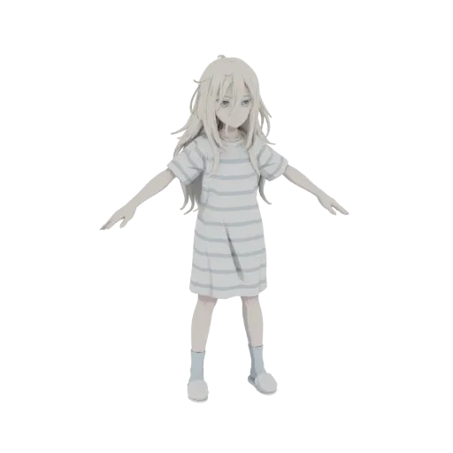3D model of a young anime girl with blonde hair, wearing a striped dress, socks, and slippers, in a T-pose.
