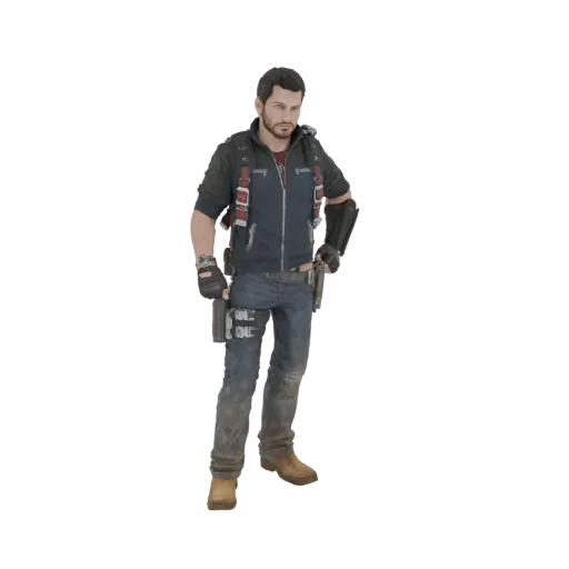 3D model of Rico Rodriguez from Just Cause, standing with hands on hips, wearing a blue vest and jeans.