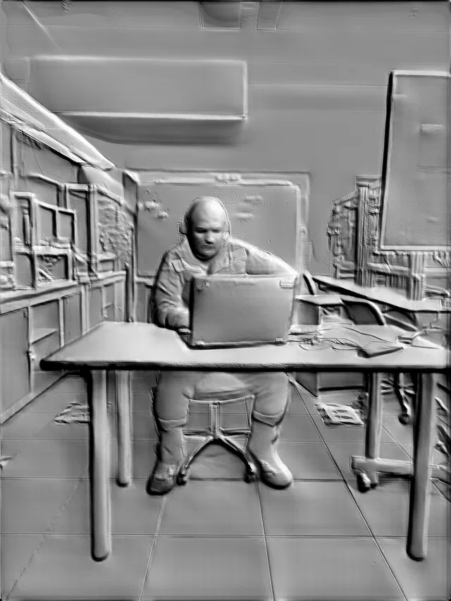 3D model of a bas-relief of a person sitting at a desk, working on a laptop, wearing headphones.