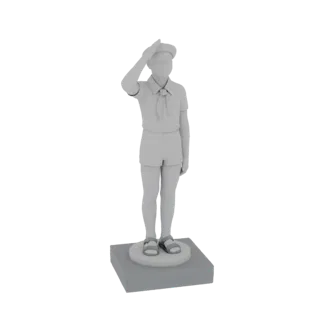 Modelo 3D de un joven boy scout en uniforme, de pie y saludando, sobre una base cuadrada.