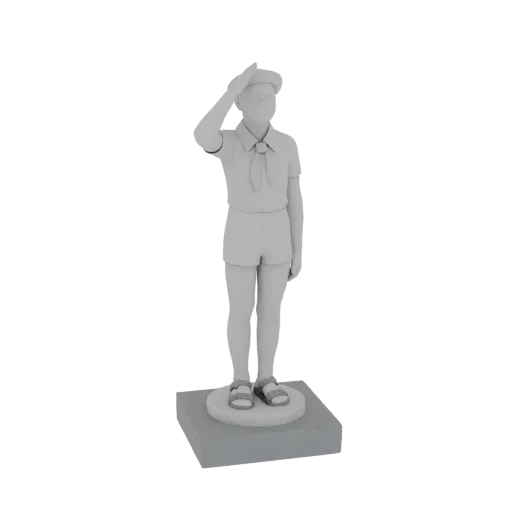 Modèle 3D d'un jeune scout en uniforme, debout et saluant, sur une base carrée.