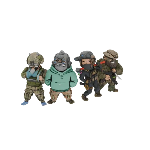 Ein 3D-Render von vier Chibi-Militärcharakteren, die zusammen stehen, jeder mit einzigartiger Ausrüstung und Ausdruck.