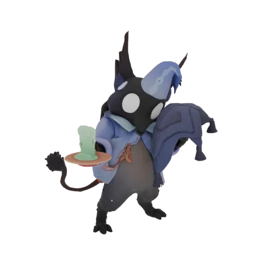 3D model of a dark fantasy creature with large white eyes, wearing a blue hat and jacket, holding a green candle on a tray.